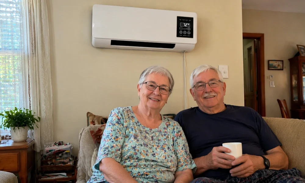 Senior couple in their living room with the Coolzy mounted on the wall
