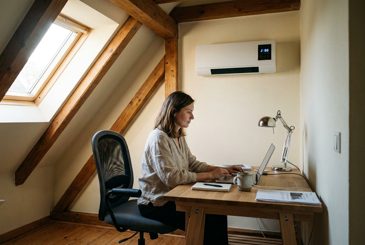 Coolzy in Emma’s attic home office — working at 75 °F while it’s 91 °F outside